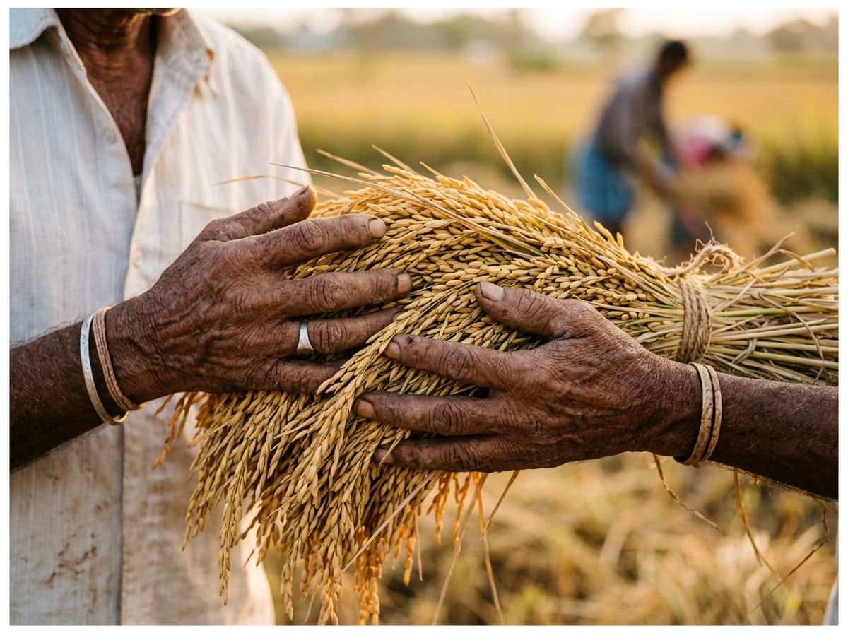 Farmer hands holding grain