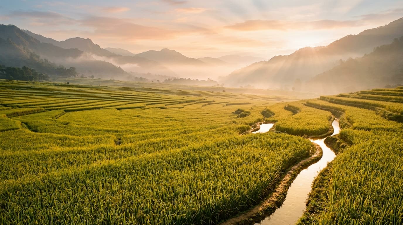 Vast Indian paddy field at sunrise